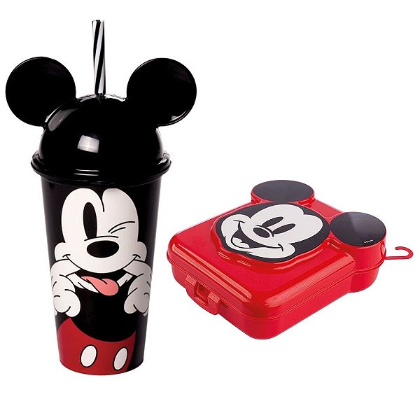 Kit Lanche Mickey Mouse Disney Copo Tampa e Canudo 500ml e Sanduicheira - Plasútil