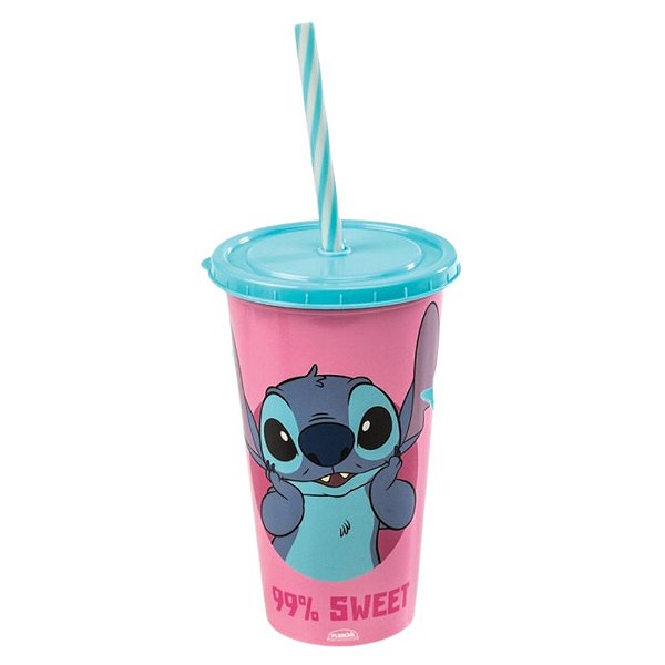 Copo Refri Stitch Disney com Tampa e Canudo 500ml Rosa - Plasútil