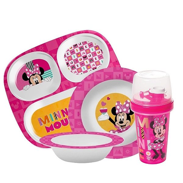 Kit Refeição Infantil Minnie Disney 4 Peças Prato Divisória, Tigela e Copo Shakeira - Tuut
