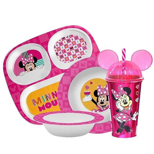 Kit Refeição Infantil Minnie Disney 4 Peças Prato Divisória, Tigela e Copo com Canudo - Tuut