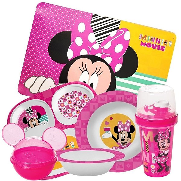 Kit Refeição Infantil Minnie Disney 6 Peças Melamina Pratos, Tigela, Copo e Lugar Americano - Tuut