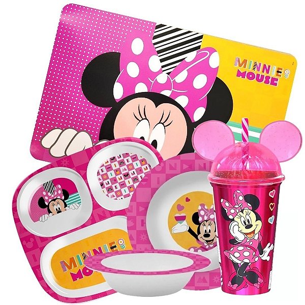 Kit Refeição Infantil Minnie Disney 5 Peças Melamina Pratos, Tigela, Copo e Lugar Americano - Tuut