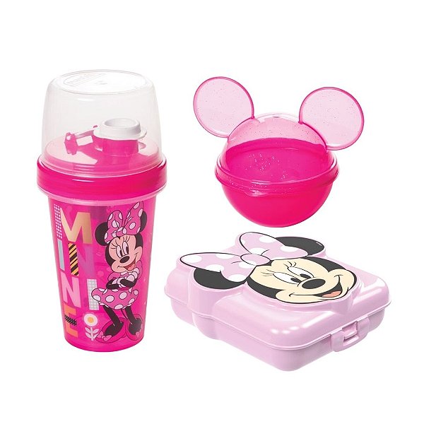 Kit Lancheira Minnie Disney Shakeira 320ml, Sanduicheira e Porta Frutas Rosa - Plasútil