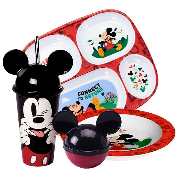 Kit Refeição Infantil Mickey Disney 4 Peças Pratos, Bandeja e Copo Com Canudo - Tuut