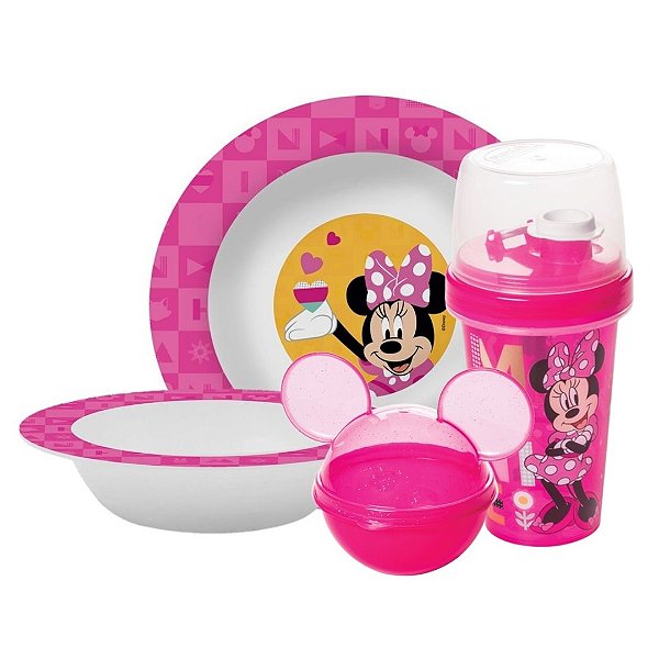 Kit Refeição Infantil Minnie Disney 4 Peças Prato, Tigela, Copo Shakeira e Pote Mix - Tuut