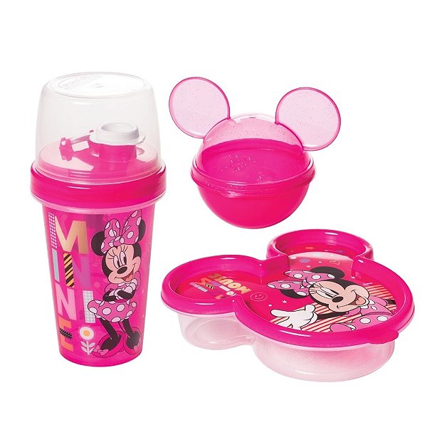 Kit Lancheira Minnie Disney Copo Shakeira 320ml e Potes Rosto Minnie Rosa - Plasútil