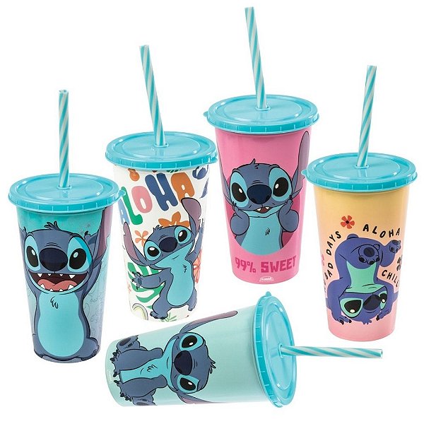 Copo Refri Stitch Disney Azul com Tampa e Canudo 500ml Sortido 1 Unidade - Plasútil