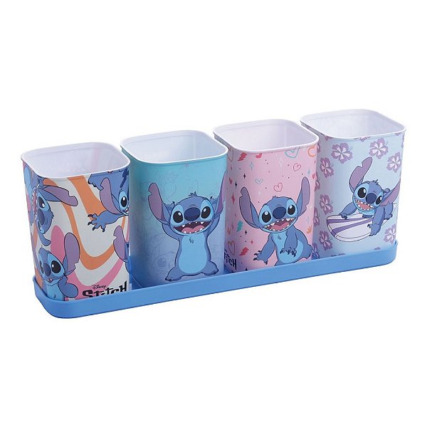 Conjunto Porta Lápis e Canetas Com Bandeja 4 Peças Stitch Disney - Plasútil