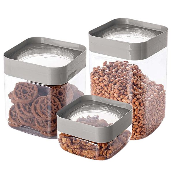 Jogo 3 Potes Modular Empilhável Plug 1,28 Litros, 2 Litros e 510ml - Plasútil