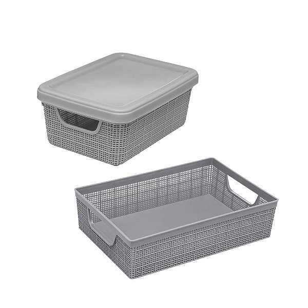 Kit Caixa e Cesto Organizador Juta Plástico Cinza 1,8L e 2L - Jaguar