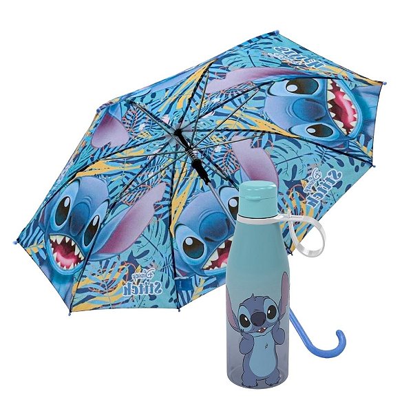 Kit Stitch Disney Guarda Chuva Automático e Garrafa Squeeze 530ml Prime