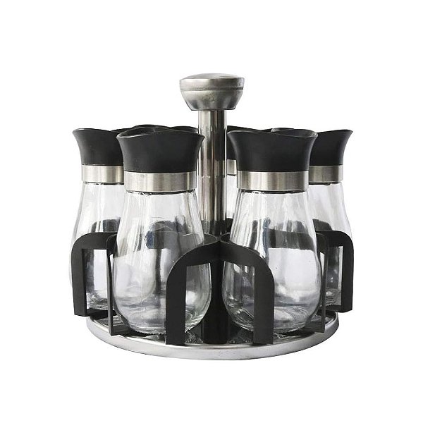 Porta Condimentos e Temperos Giratório com 6 Potes Vidro e Inox 120ml - Monaliza