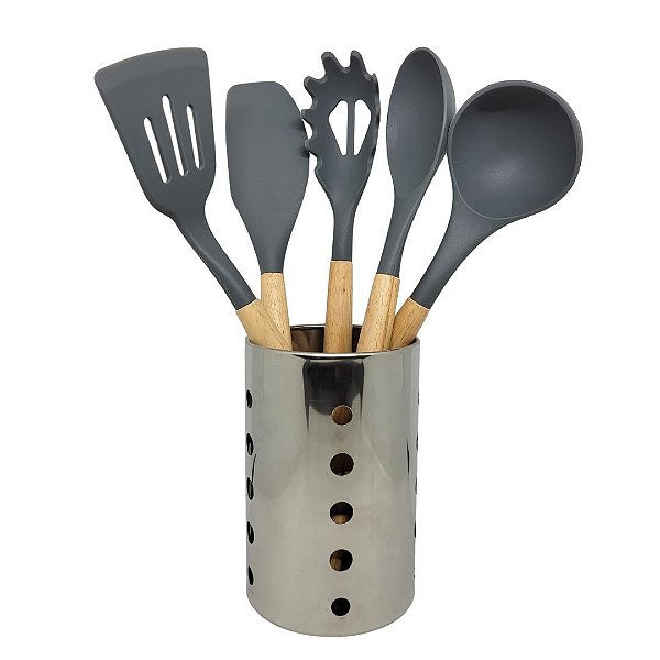 Jogo 6 Utensílios Cozinha Silicone Cinza Cabo Madeira e Porta Utensílios Inox Prime