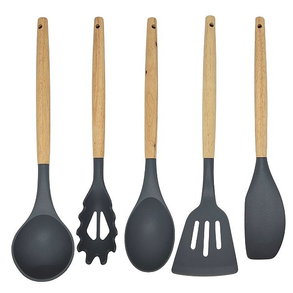 Jogo 6 Utensílios Cozinha Silicone Cinza Cabo Madeira Prime 30cm - Monaliza