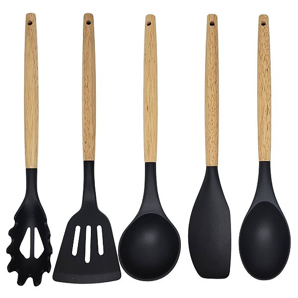 Jogo 6 Utensílios Cozinha Silicone Preto Cabo Madeira Prime 30cm - Monaliza