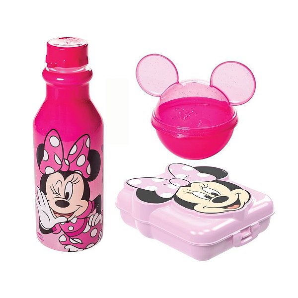 Kit Refeição Minnie Garrafinha 500ml, Sanduicheira e Porta Frutas Rosa - Plasútil
