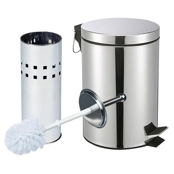 Jogo Lixeira Com Pedal 5 Litros e Escova Sanitária Aço Inox Prime - Monaliza
