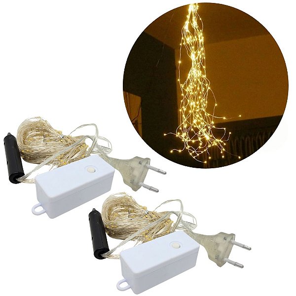 Jogo 2 Pisca Cascata 200 Lâmpadas Chuva de Ouro LED Warm Bivolt - Art Christmas