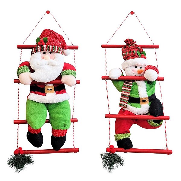 Jogo Papai Noel e Boneco de Neve Pelúcia na Escada Madeira Decorado 50cm - Wincy Natal
