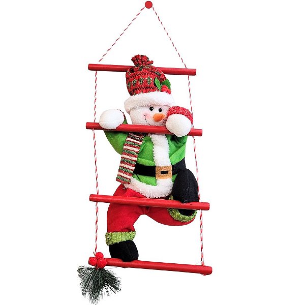 Boneco de Neve Pelúcia na Escada Madeira Prime Decorado 50cm - Wincy Natal