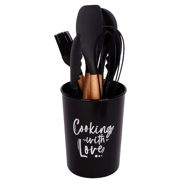 Kit Utensílios Silicone Preto Cabo Madeira Prime 6 Peças Com Pote Escorredor - Quality House