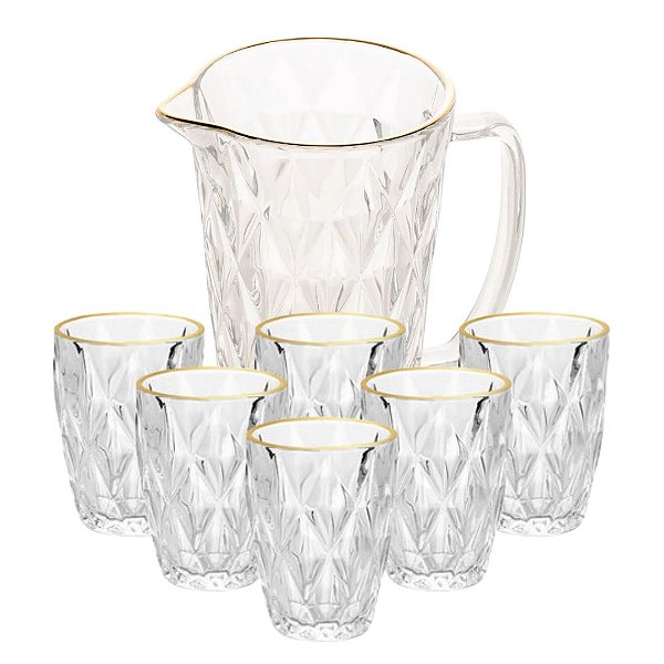 Jogo 6 Copos Diamond 270ml e Jarra Transparente Borda Dourada 1 Litro -Vivaflor Dercor