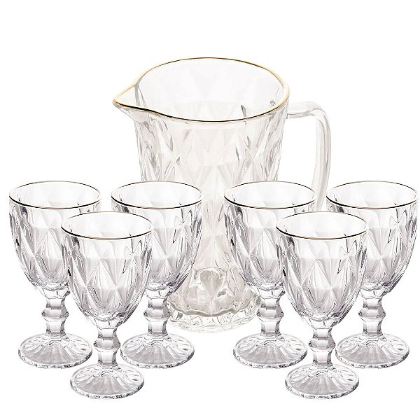 Jogo 6 Taças Diamond 340ml e Jarra Transparente Borda Dourada 1 Litro -Vivaflor Dercor