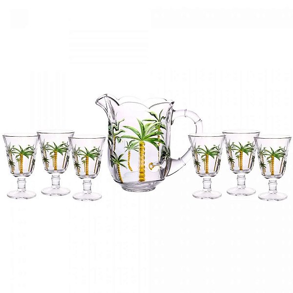 Conjunto Jarra e 6 Taças Cristal Palm Hand Painting - Lyor