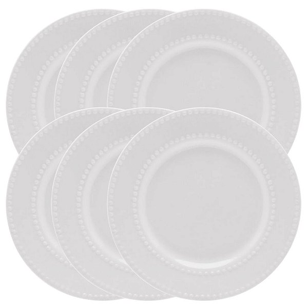 Jogo 6 Pratos Raso de Porcelana New Bone Pearl Branco 27cm - Lyor