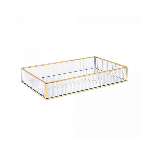 Bandeja de Metal com Espelho Dourada 15cm x 25cm x 4cm - Lyor