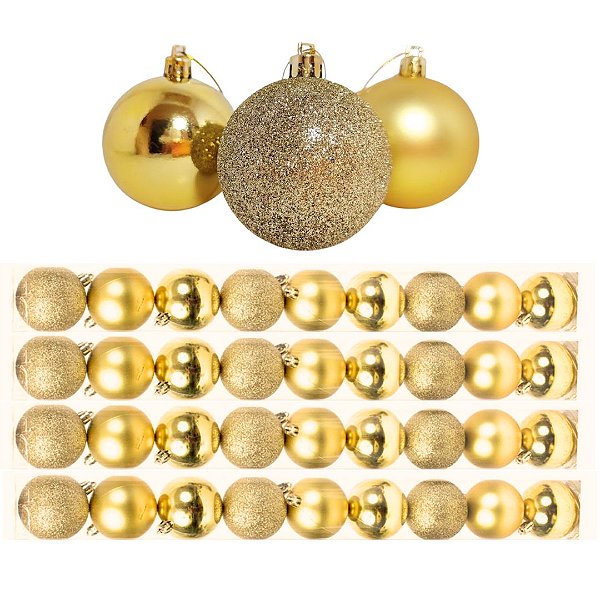 Kit 36 Bolas De Natal Mista Gliter, Fosca e Brilho Dourada 6cm - Master Christmas