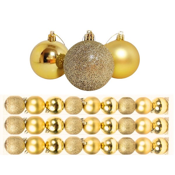 Kit 27 Bolas De Natal Mista Gliter, Fosca e Brilho Dourada 6cm - Master Christmas