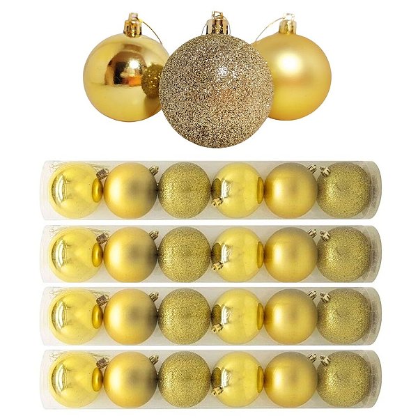 Kit 24 Bolas De Natal Mista Gliter, Fosca e Brilho Dourada 7cm - Master Christmas