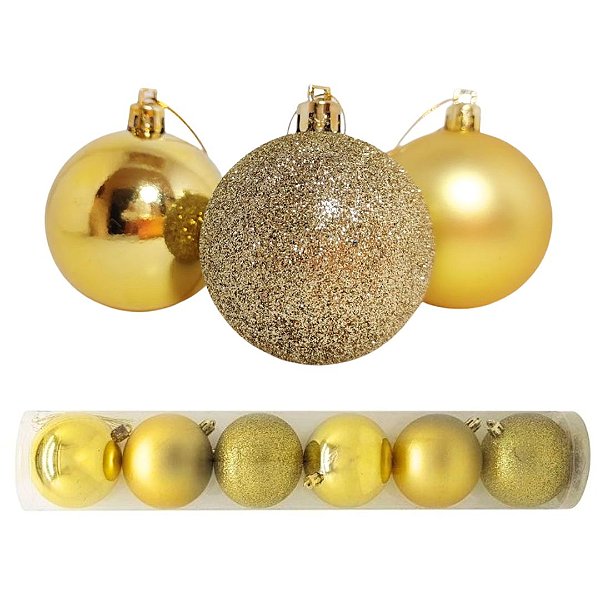 Kit 6 Bolas De Natal 8cm Mista Gliter, Fosco e Brilho Dourado - Master Christmas