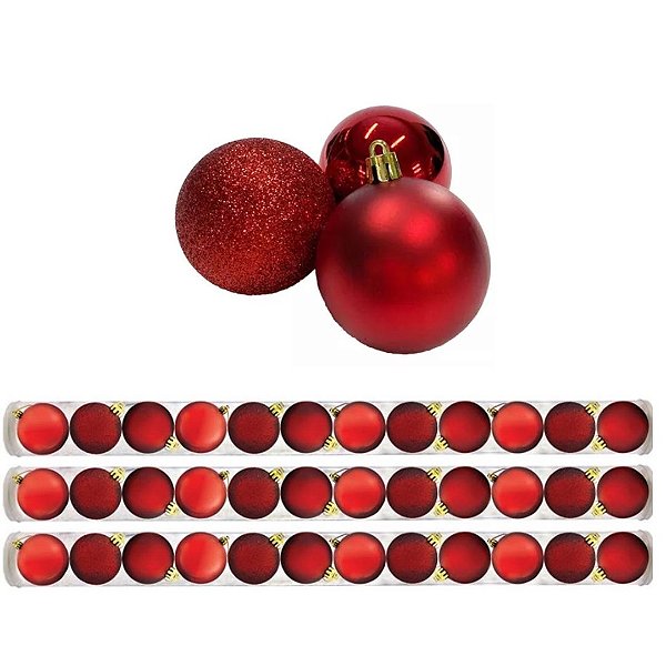 Kit 36 Bolas De Natal Mista Fosca, Lisa e Glitter Vermelha 5cm - Master Christmas