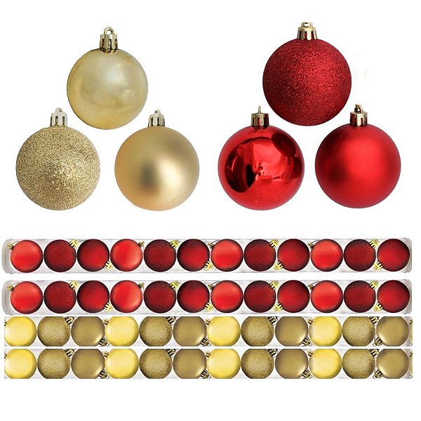 Kit 24 Bolas De Natal Dourada e 24 Bolas Vermelha Mista Fosca, Lisa e Glitter 5cm - Master Christmas