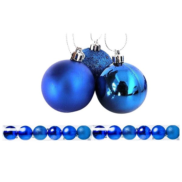 Kit 12 Bolas Natal Mista Gliter, Fosca e Lisa Azul Royal 5cm - Master Christmas