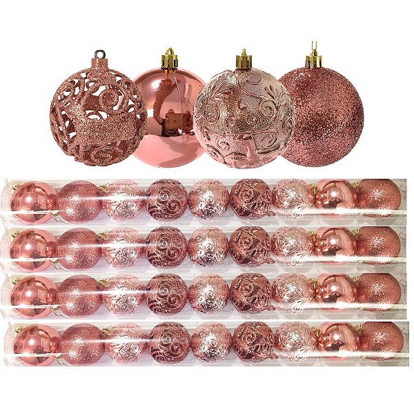 Jogo 36 Bolas Natal Mista Textura Arabescos Rena Rosê 8cm - Master Christmas