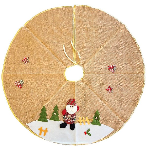 Saia para Árvore de Natal Linho Bege e Dourado Pelúcia Papai Noel 90cm - Master Christmas