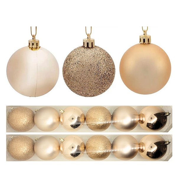 Kit 6 Bolas Natal Champanhe 8cm Mista Glitter, Fosca e Lisa - Master Christmas