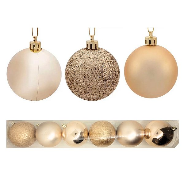 Kit 6 Bolas Natal Champanhe 8cm Mista Glitter, Fosca e Lisa - Master Christmas