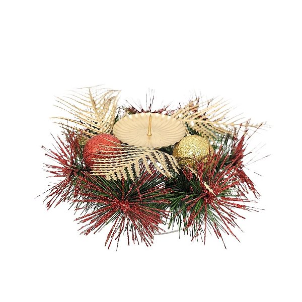 Castiçal De Natal Decorado Luxo Bolas e Folhagens Dourado e Vermelho 15cm - Master Christmas