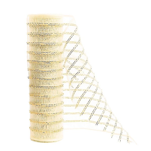 Tela Decorativa Natal Fita 25cm x 5 metros Creme Fio Dourado - Magizi