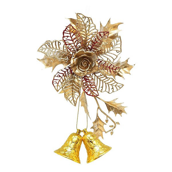 Arranjo Pendente Natal Bico de Papagaio Vazado com Sinos Dourado 22cm - Magizi