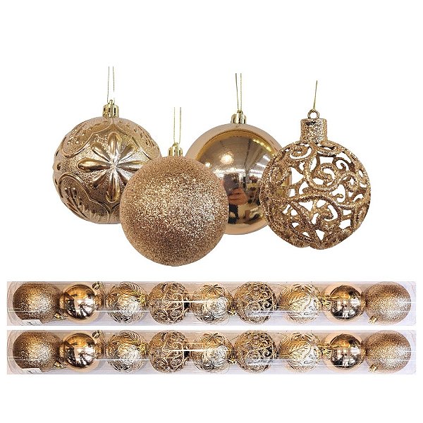 Jogo 18 Bolas Natal Mista Textura Flores e Folhas Champanhe 8cm - Master Christmas