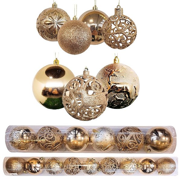 Conjunto 15 Bolas Natal Textura Rena e Folhagens Champanhe Luxo 8cm e 10cm - Master Christmas