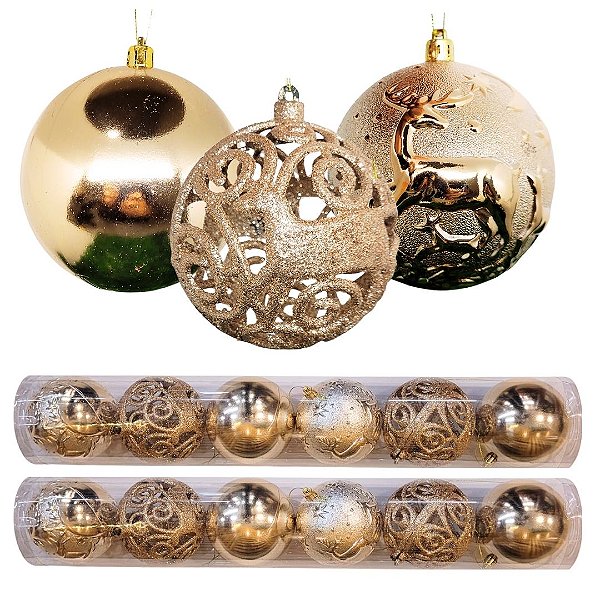 Jogo 12 Bolas Natal Textura Rena e Pinheiros Champanhe Luxo 10cm - Master Christmas