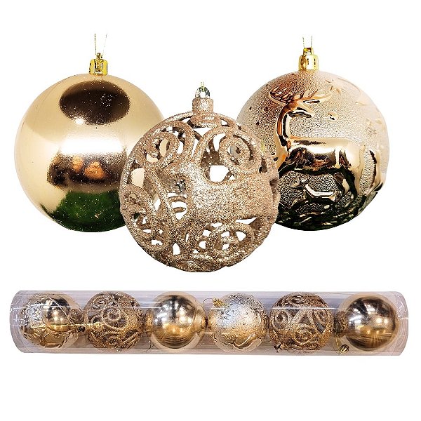 Jogo 6 Bolas Natal Textura Rena e Pinheiros Champanhe Luxo 10cm - Master Christmas