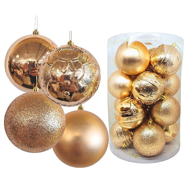 Jogo 16 Bolas Natal Champanhe Mista Luxo Textura Boneco de Neve 10cm - Master Christmas