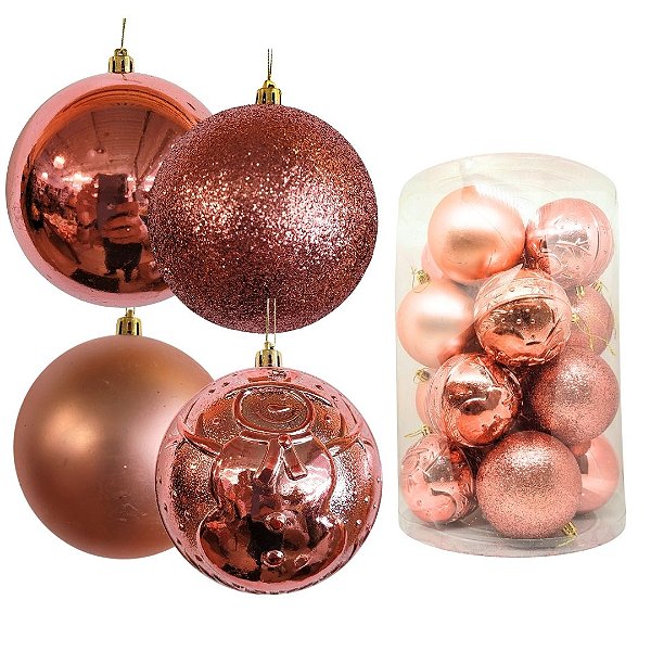 Jogo 16 Bolas Natal Rosê Mista Luxo Textura Boneco de Neve 10cm - Master Christmas